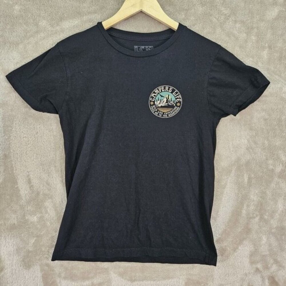LCM International Campers Life Black T-Shirt Womens Top Size S Short Sleeve
